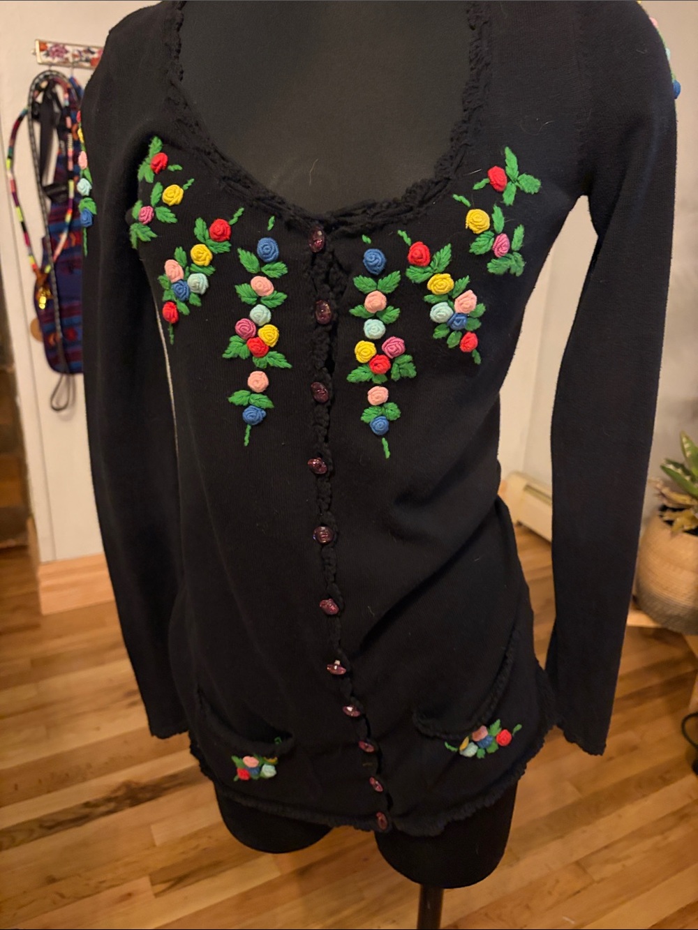 Betsey Johnson Black Long-Sleeve Cardigan with Multicolor Rosette Embroidery